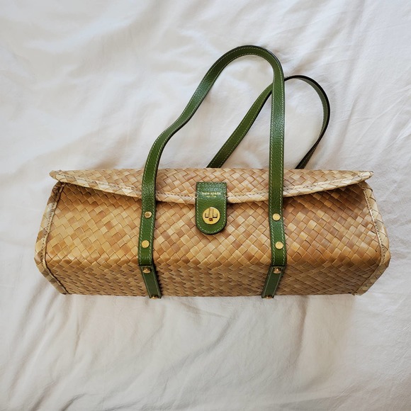 kate spade Handbags - KATE SPADE Green Leather Picnic Straw Wicker Wine Basket Tote Bag
